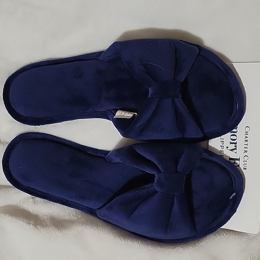 NWT Charter Club Memory Foam Slippers Navy Blue Large 9-10.